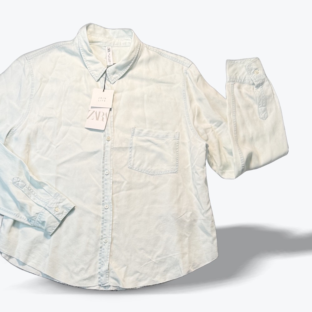 Zara Join Life Button Down Shirt Large‎ Raw Frayed Hem Light Blue Denim Look